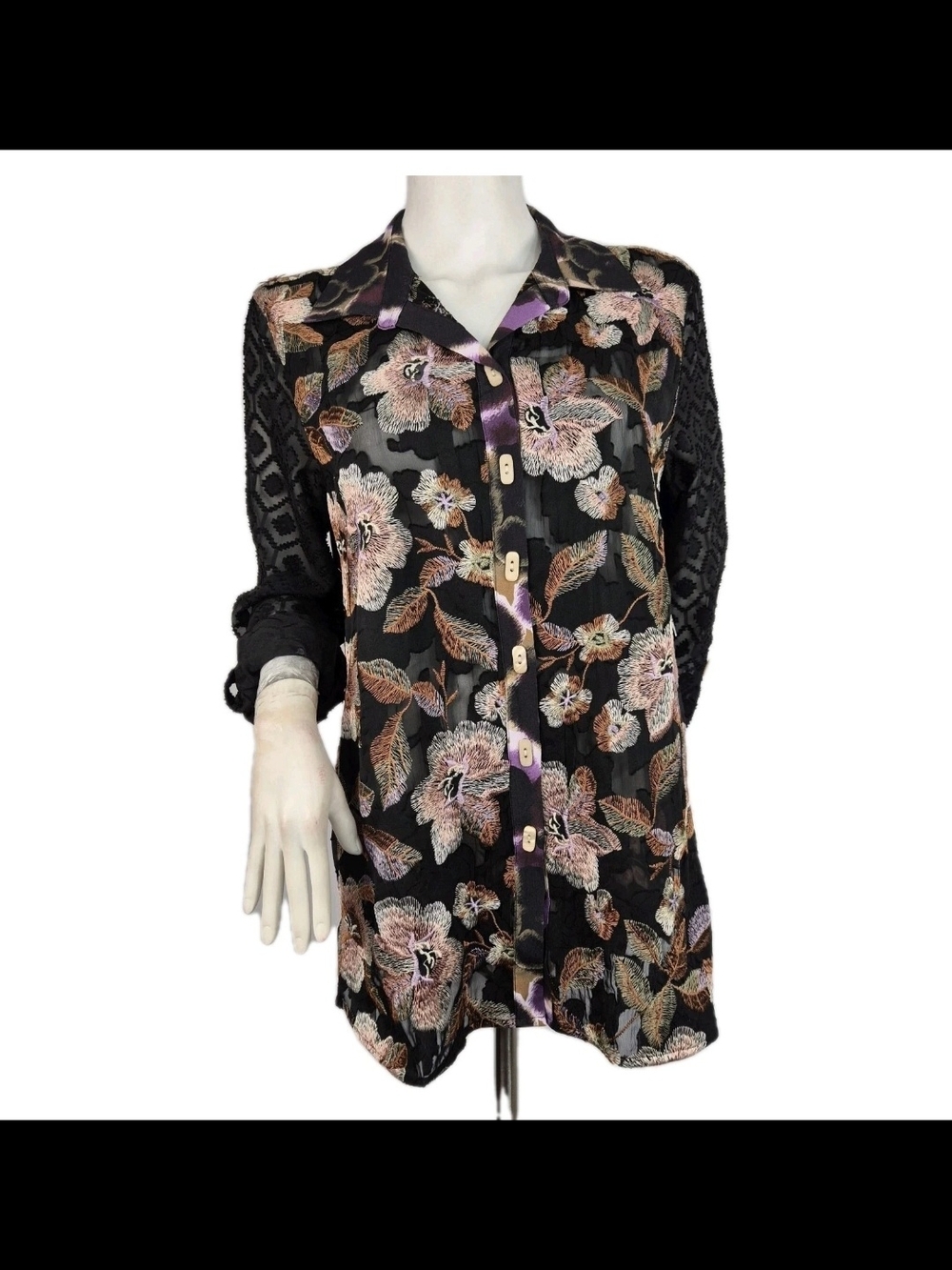 John Mark Women's Top Tunic Shirt Size M Embroidered Floral Black NWT 25